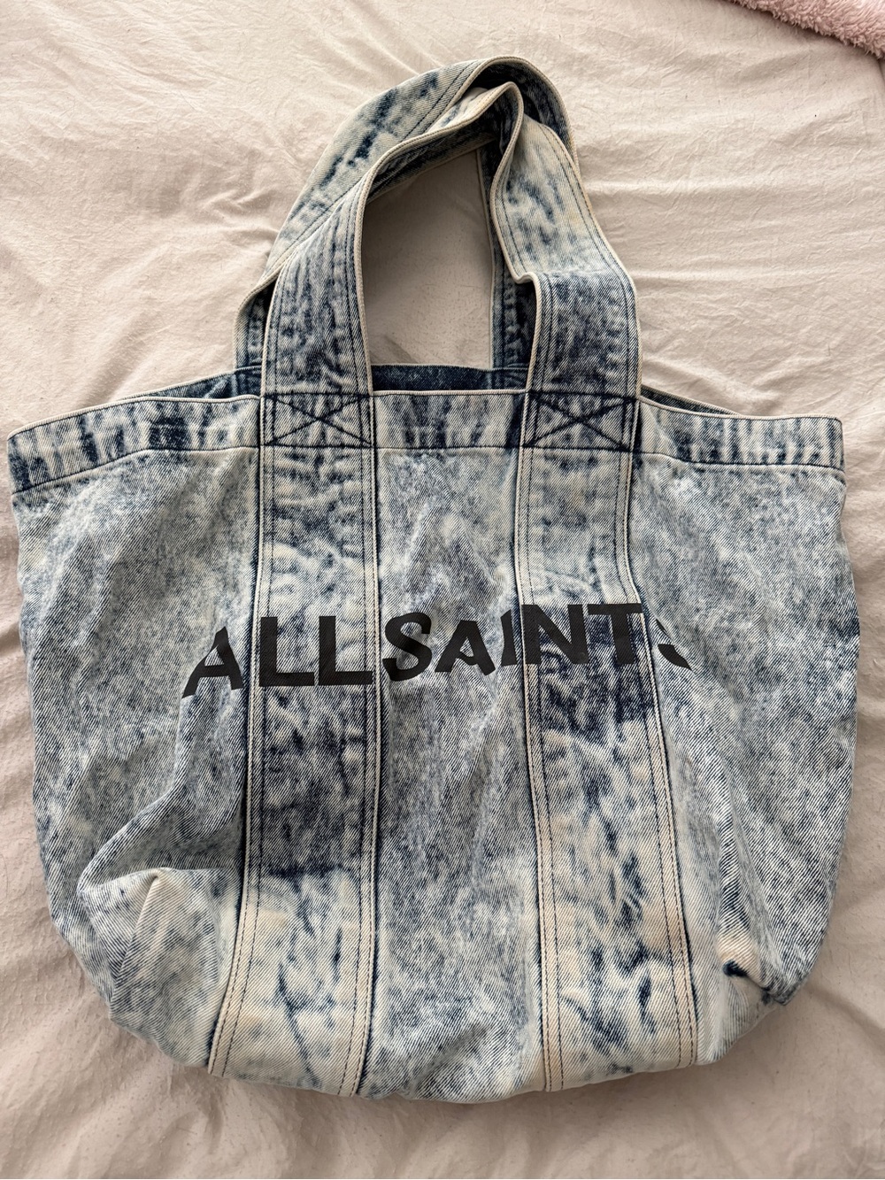 All Saints Acid-Wash Denim Tote in Light Blue and Cream